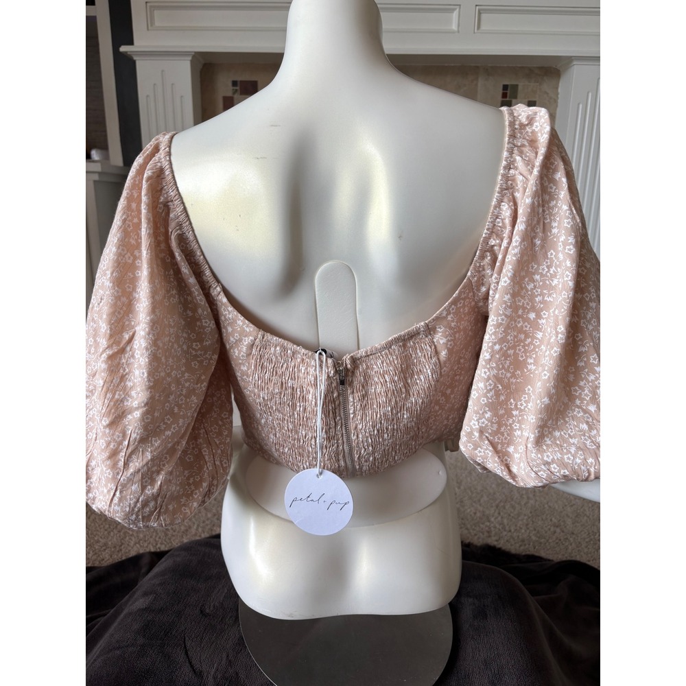 NWT Petal & Pup Floral Crop Top Puff Sleeve Tie Front Beige Women's Size L - Picture 10 of 13